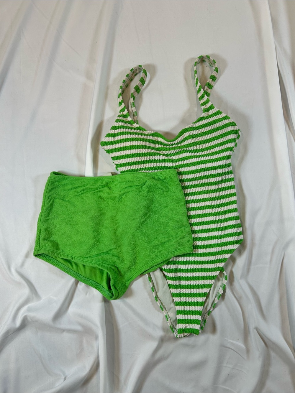 Green Striped One-Piece Swimsuit with Matching High-Waist Shorts